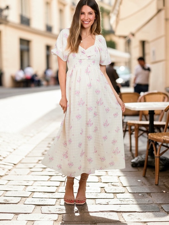 Polagram Dresses & Skirts - Polagram Pink Floral Textured Dot Smocked Midi Dress